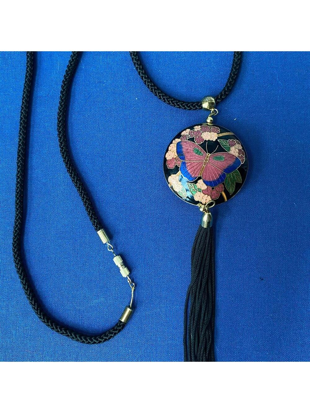 VTG Cloisonné Butterfly Floral Tassel Necklace Double Sided - Picture 3 of 6